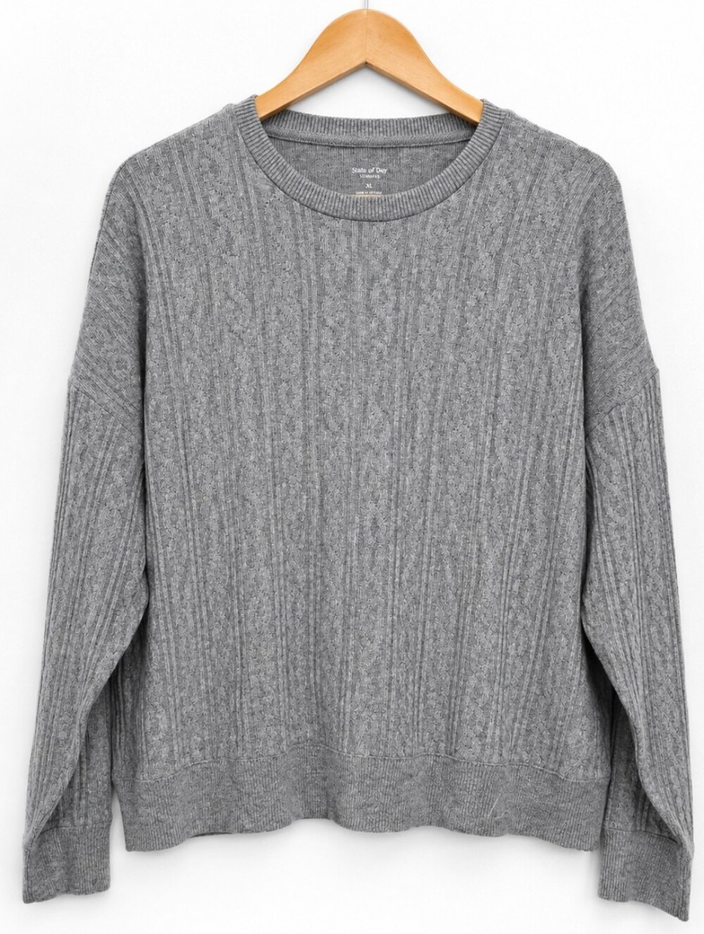 NWOT State of Day Intimates XL Gray Cable Knit Sweater Stretch Crewneck Pullover